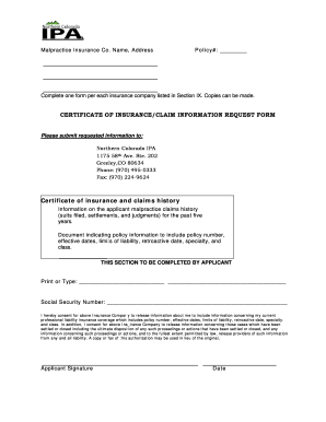 Certificate of Insurance Claim Information Request Form