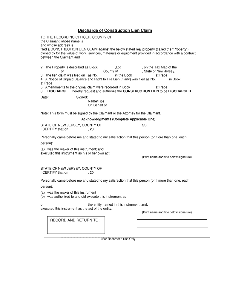 Fillable Online Discharge of Construction Lien Claim Fax Email Print pdfFiller