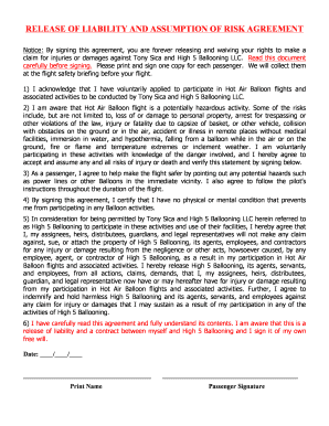 Release of Liability for Hot Air Ballooning