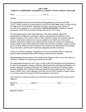 Art Camp Parental Permission and Medical Consent