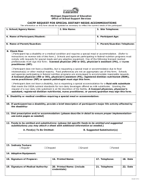 Michigan Special Dietary Needs Accommodation Form