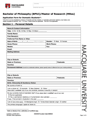 Bachelor of Philosophy/Master of Research Application Form