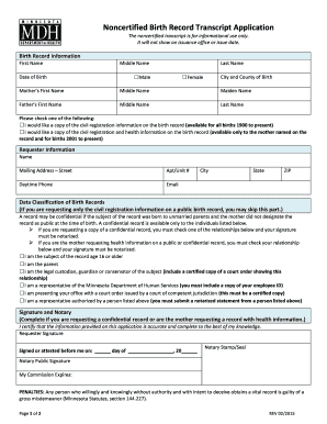 Noncertified Birth Record Transcript Application