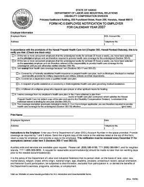 Hawaii Employee Notification to Employer Form HC-5