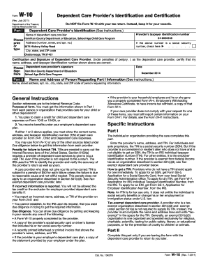 Form W-10 Dependent Care Provider Certification