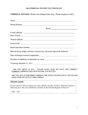 2014 Personal Income Tax Checklist