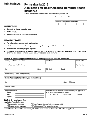 HealthAmerica Pennsylvania Individual Health Insurance Application