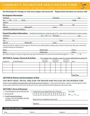 Community Recreation Registration Form