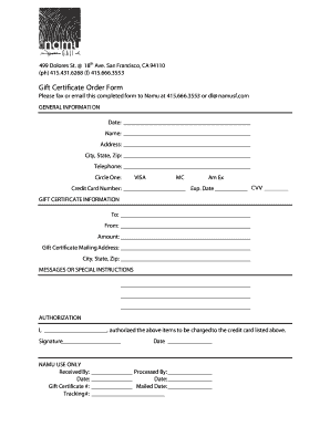 Gift Certificate Order Form