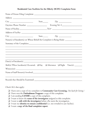 Residential Care Facility Elderly Complaint Form