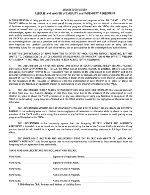 YMCA Member Child Release and Waiver of Liability
