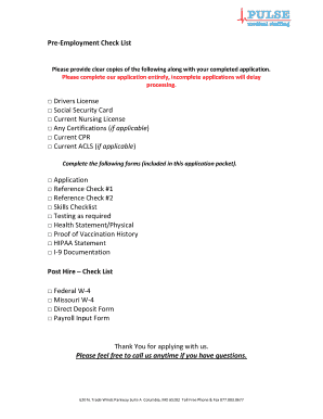 Pre-Employment Checklist for Certified Nursing Assistant