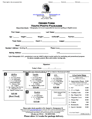 Youth Sports Photography Order Form