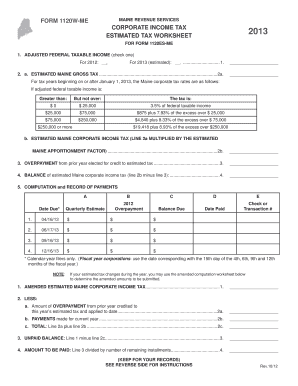 Maine Corporate Income Tax Estimated Tax Worksheet 2013