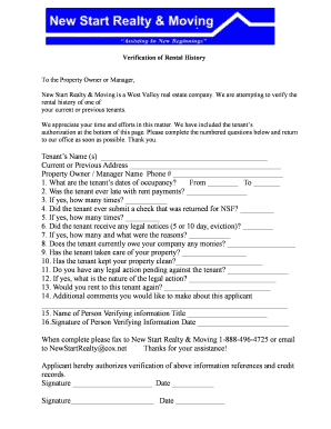 Verification of Rental History Form