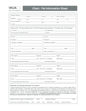 Veterinary Client and Pet Information Sheet