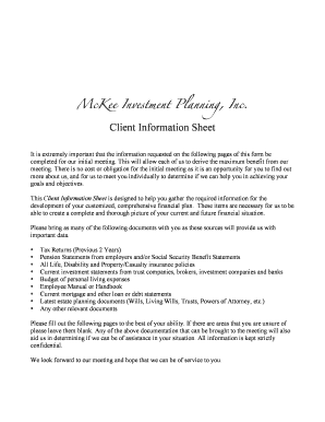 Client Information Sheet for Financial Planning