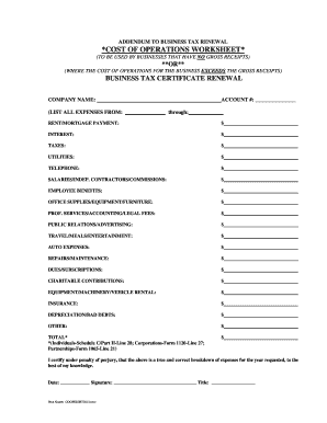 Business Tax Renewal Cost of Operations Worksheet