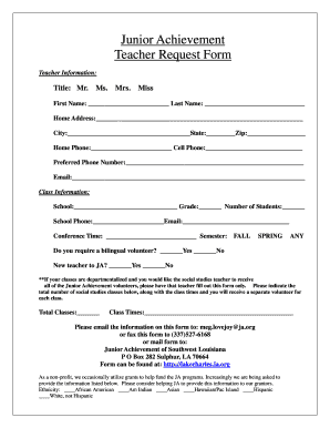 Junior Achievement Teacher Request Form