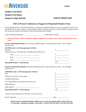 2013-14 Parent Verification of Support of Household Member Form