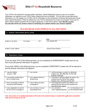 2016-17 V6 Household Resources Verification Form