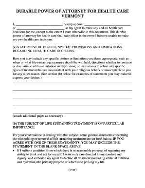 Vermont Durable Power of Attorney for Health Care