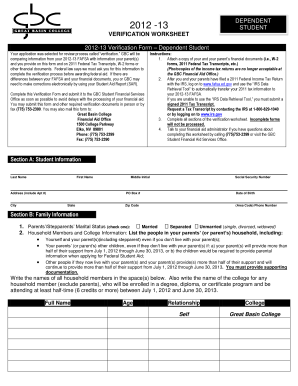 2012-13 Dependent Student Verification Worksheet