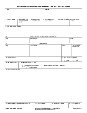 DD Form 2241 Alternate Item Referral/Reject Notification