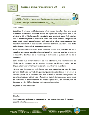Lettre de passage primaire/secondaire