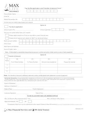 Max Life Insurance Top Up and Transfer Form