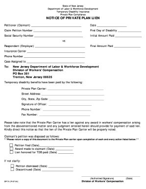 New Jersey Private Plan Lien Notice
