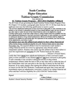 South Carolina Tuition Grants Program Eligibility Affidavit