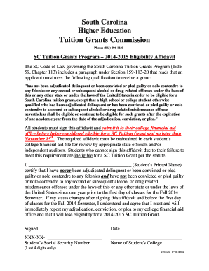 South Carolina Tuition Grants Program Eligibility Affidavit