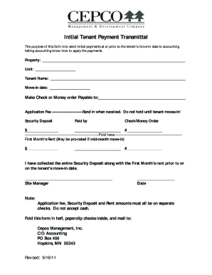 Initial Tenant Payment Transmittal Form