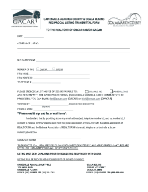 Gainesville Alachua County & Ocala MLS Reciprocal Listing Transmittal Form