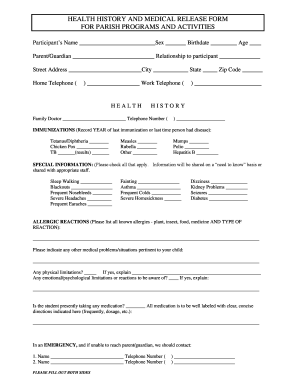 Health History and Medical Release Form for Parish Programs