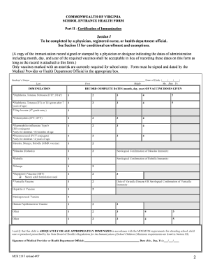 Virginia School Entrance Health Form