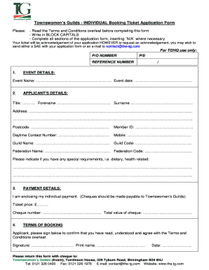 Townswomen's Guilds Event Booking Ticket Application Form