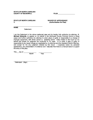 North Carolina Waiver of Appearance