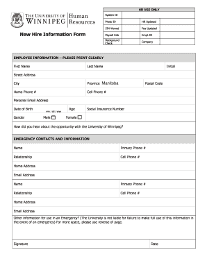 University of Winnipeg New Hire Information Form