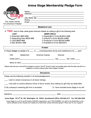 Arena Stage Membership Pledge Form N a me : Address: City, State, Zip: P ho ne : Email: MEMBERSHIP LEVEL Yes