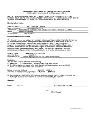 Conditional Waiver and Release on Progress Payment