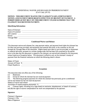 California Conditional Waiver and Release on Progress Payment