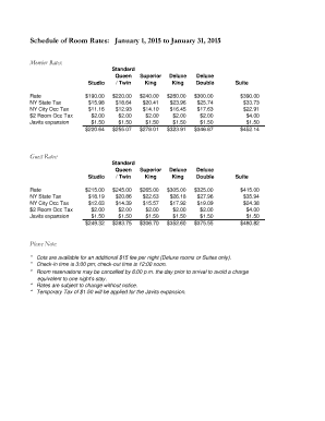 Schedule of Room Rates: January 1, 2015 to January 31, 2015
