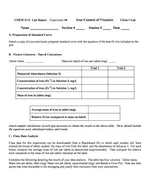 CHEM 2115 Lab Report Experiment #8 Name Iron Content of Vitamins Section # Station # Chem I Lab Date A