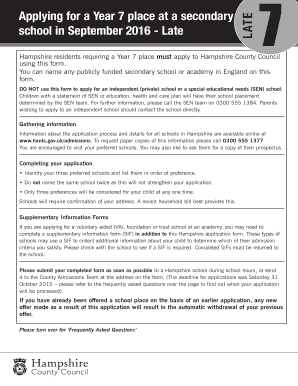 Hampshire Year 7 School Application Form
