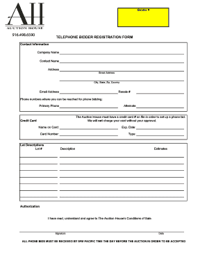 Auction House Phone Bidder Registration Form