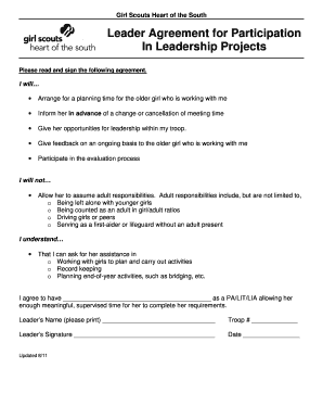 Girl Scouts Leader Agreement for Participation in Leadership Projects