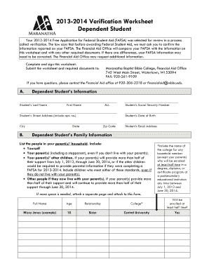 2013-2014 Verification Worksheet for Dependent Students