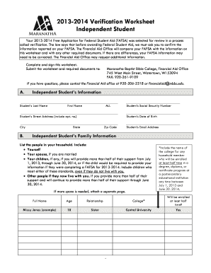 2013-2014 Verification Worksheet for Independent Students